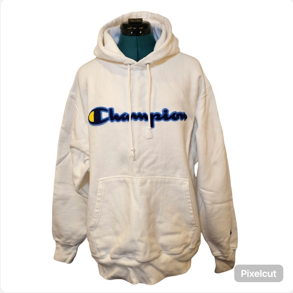 Champion white reverse weave hooded dropped shoulder knit sweater L US